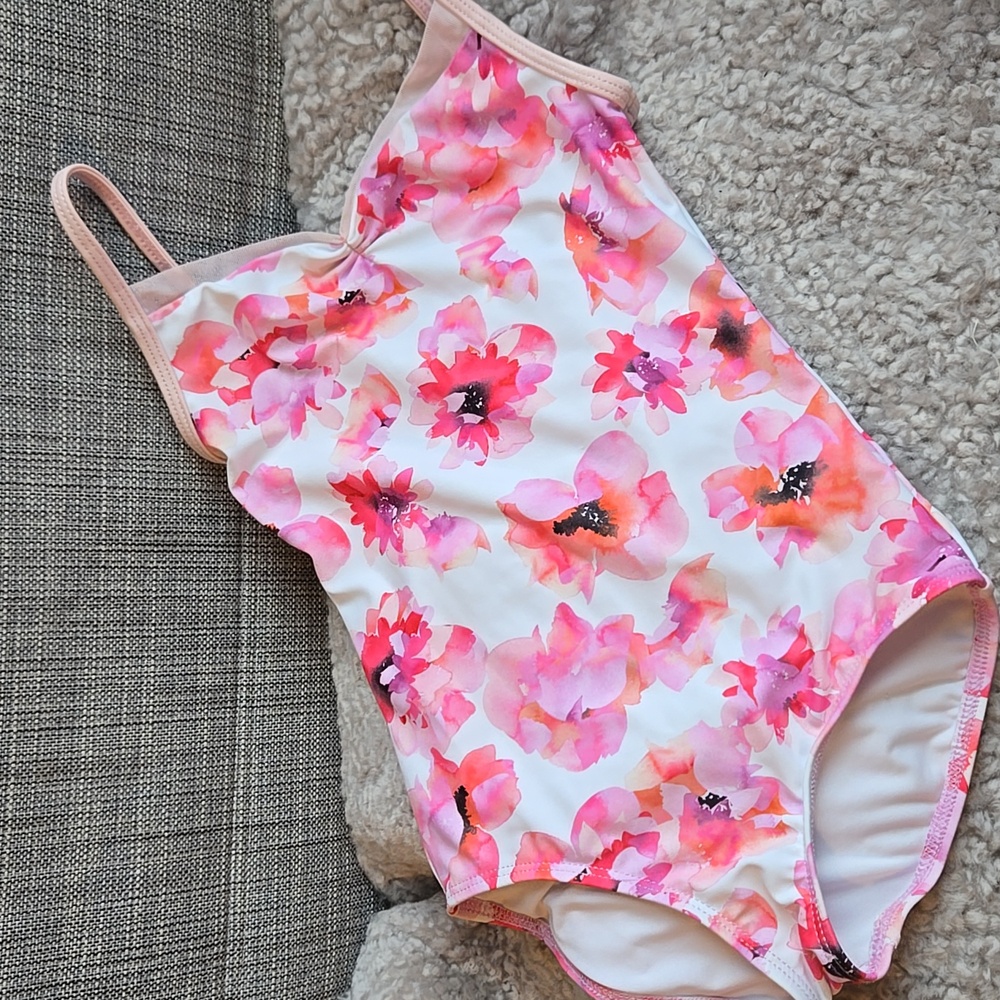 Floral Pink and White Leotard w/Mesh Detailing